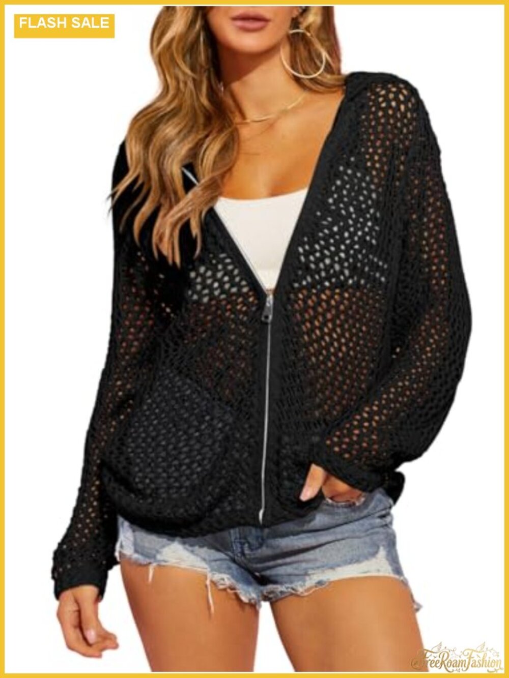 Women's Crochet Knit Cardigan Zip Up Long Sleeve Lightweight Boho Beach Cover Up